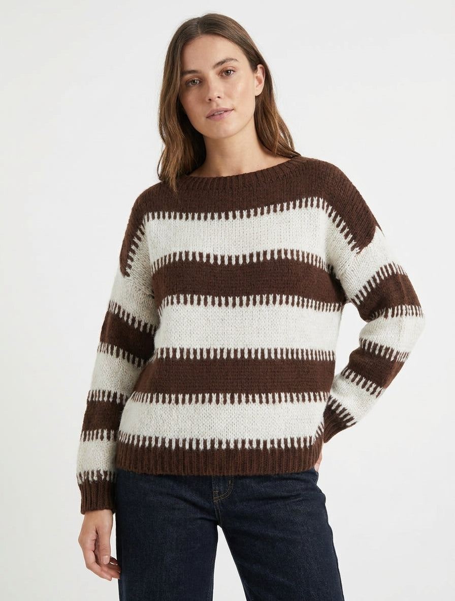 Maglia a righe fantasia con taglio quadrato - Marrone