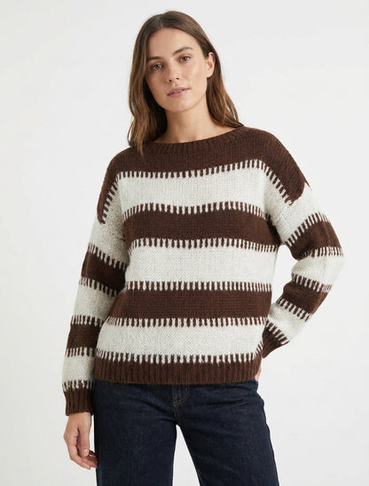 Maglia a righe fantasia con taglio quadrato - Marrone
