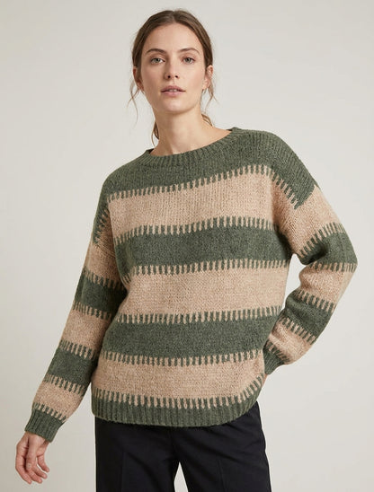 Maglione a taglio quadrato a righe fantasia - Cachi