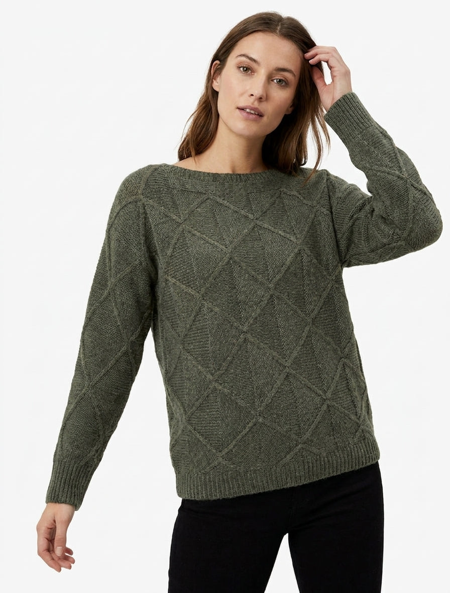 Maglione a collo barca in maglia effetto quadrettato - Cachi