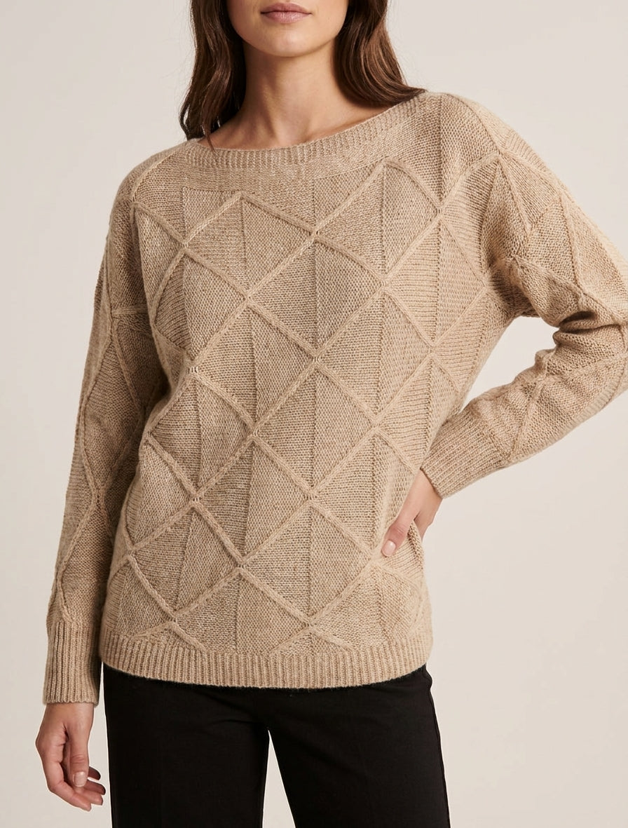 Maglione a collo barca in maglia effetto quadrettato - Beige scuro