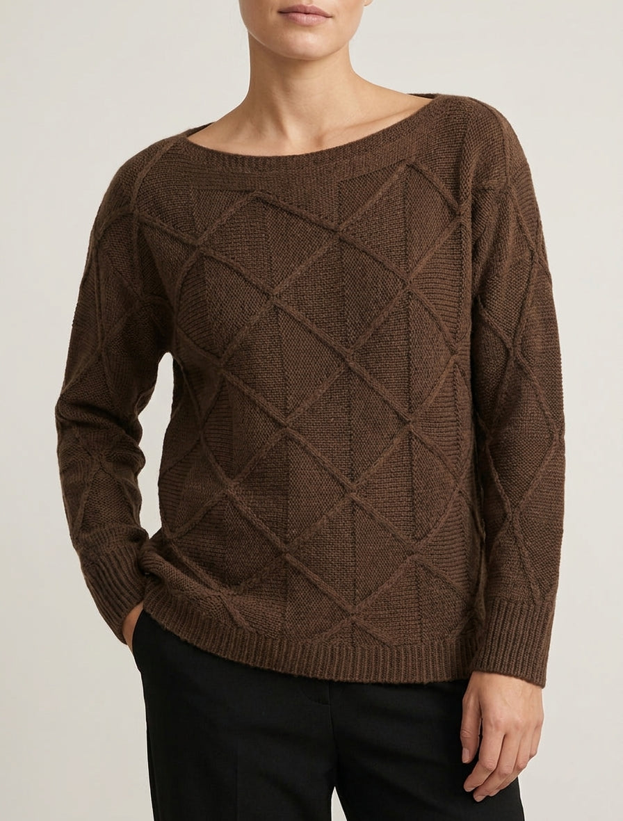 Maglione a collo barca in maglia effetto quadrettato - Marrone