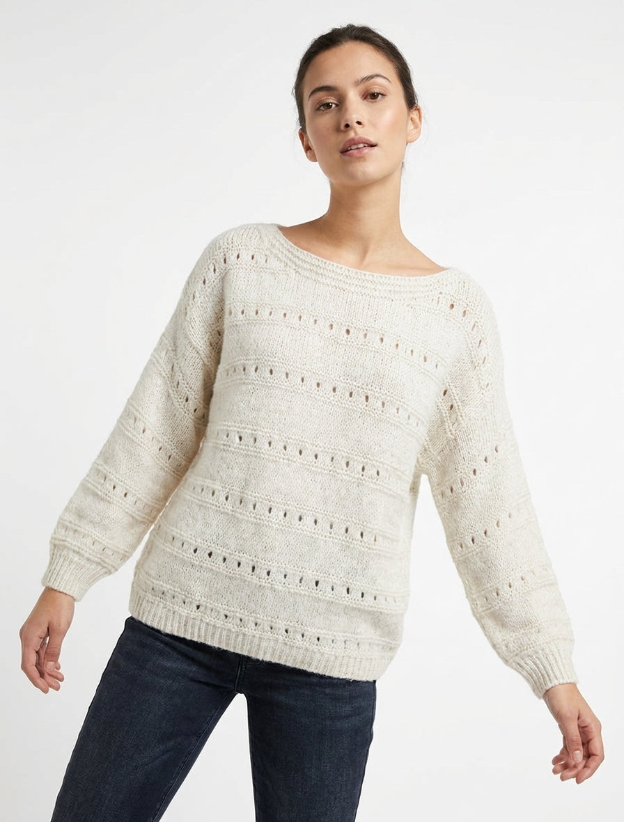 Maglione ampio a collo barca in maglia fantasia - Ecrù