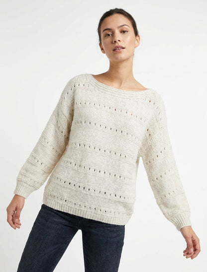 Maglione ampio a collo barca in maglia fantasia - Ecrù