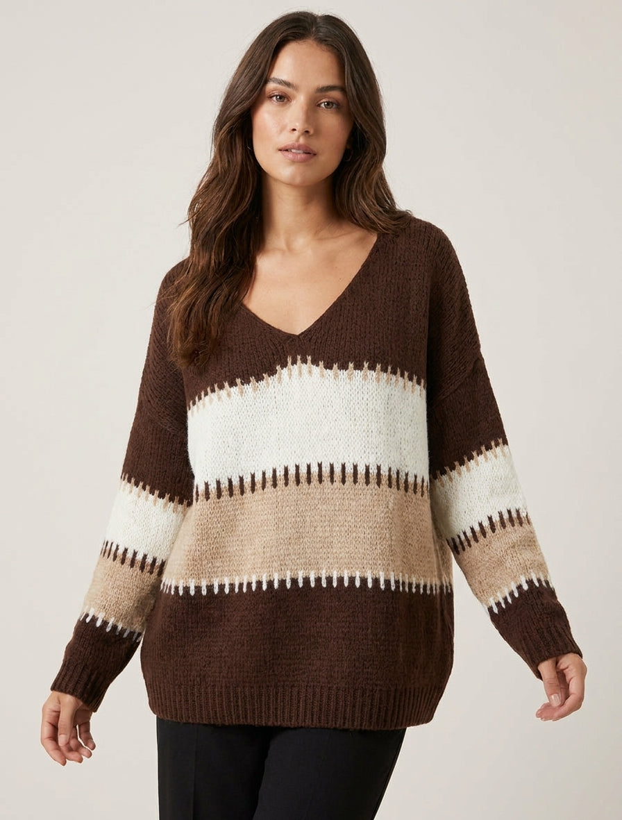 Maglione ampio con scollo a V e righe stilizzate. - Marrone