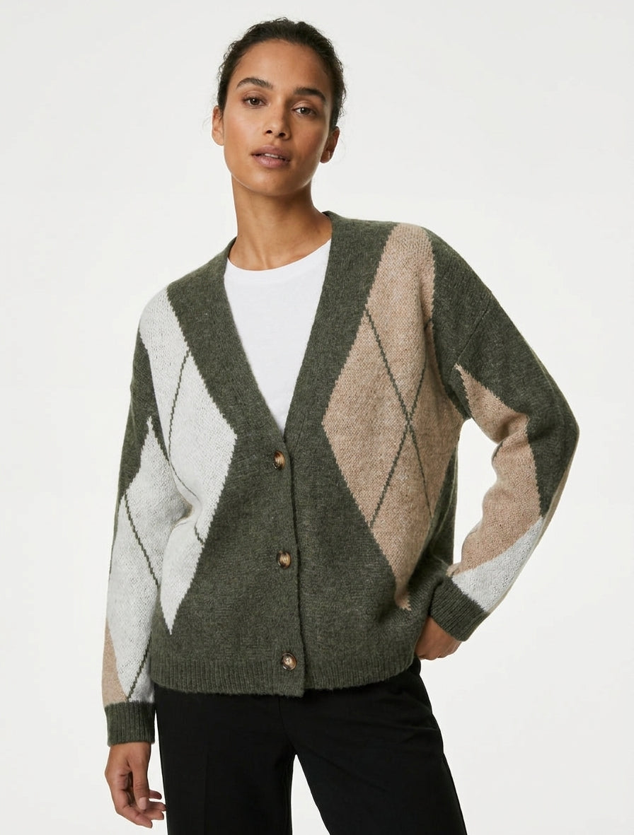 Gilet ampio in maglia jacquard - Cachi