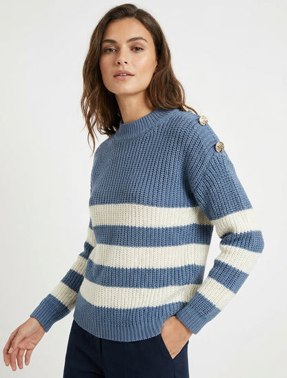 Maglione a righe con bottoni decorativi. - Blu carrozza