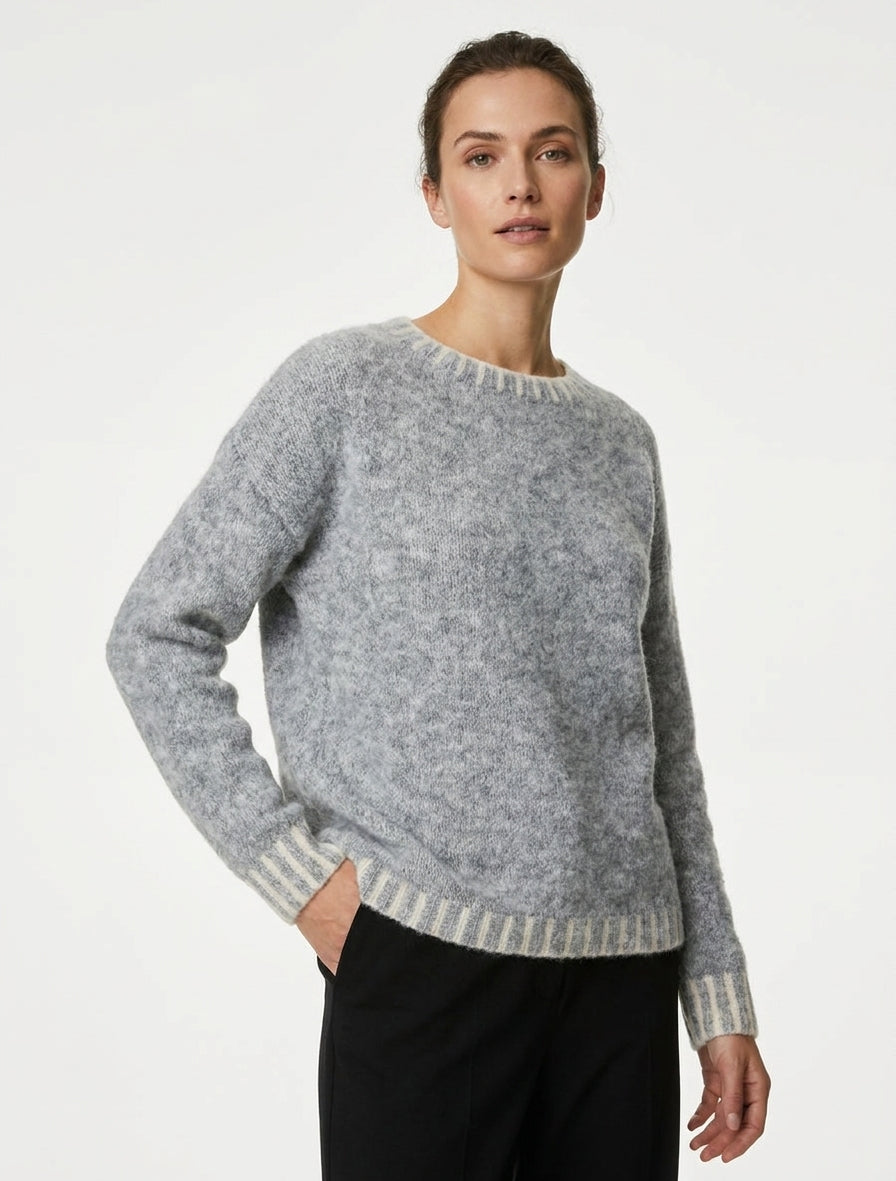 Maglione in misto lana con bordi a contrasto. - Grigio