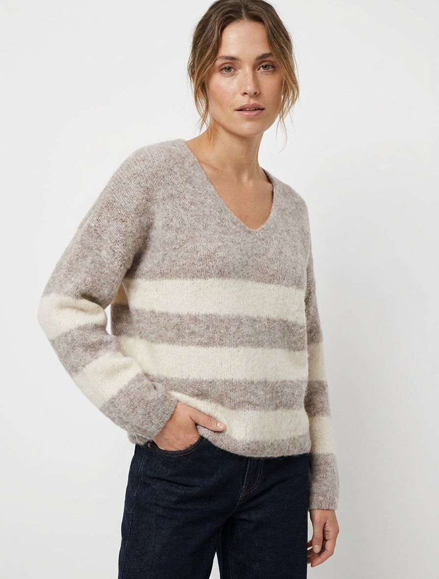 Maglione a righe in misto lana con scollo a V - Talpa