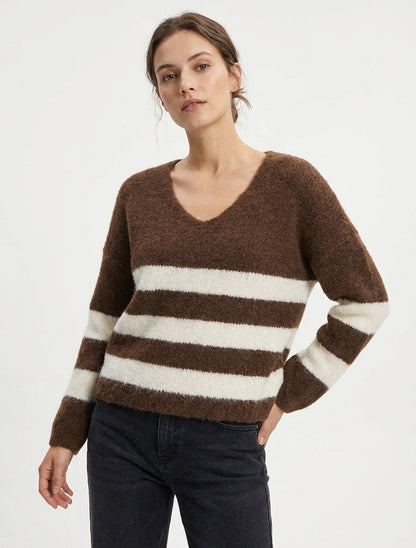 Maglione a righe in misto lana con scollo a V - Marrone