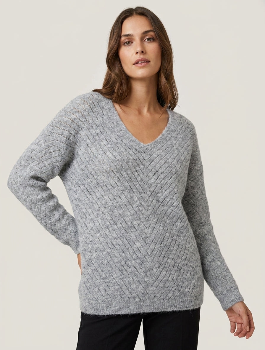 Maglione a taglio ampio in misto lana con scollo a V. - Grigio
