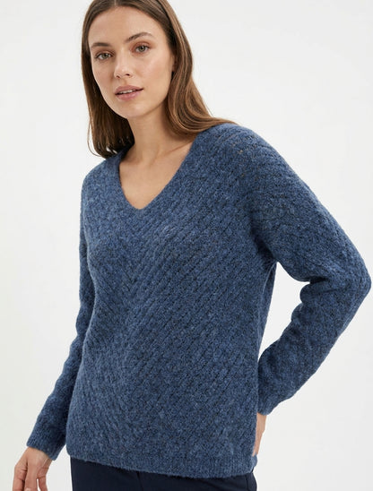 Maglione a taglio ampio in misto lana con scollo a V. - Blu