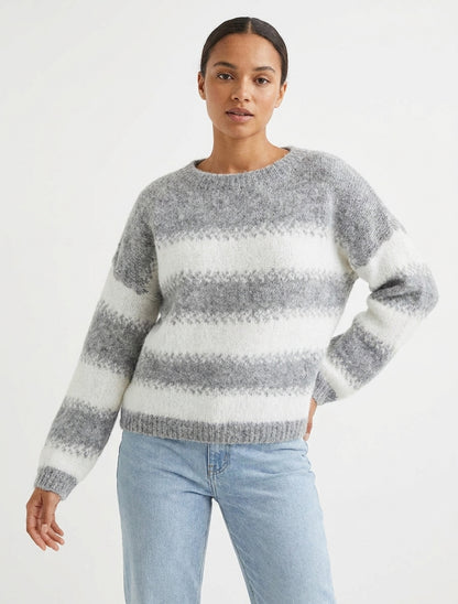 Maglione ampio in misto lana a righe stilizzate. - Grigio chiaro