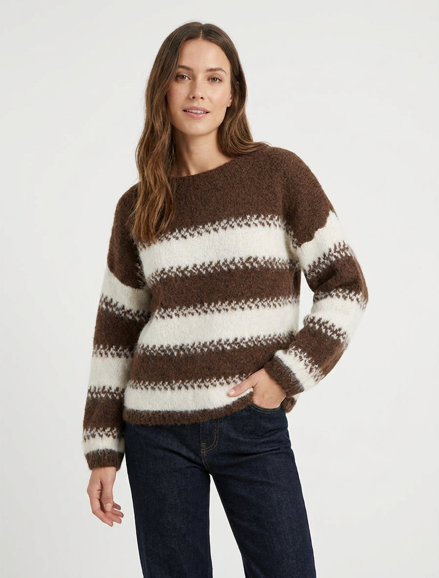 Maglione ampio in misto lana a righe stilizzate - Marrone