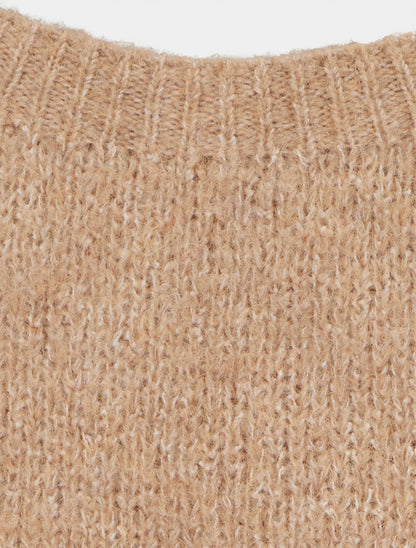 Pull en laine mélangée à col rond et rayures - Camel - 3