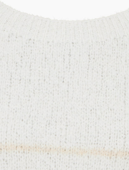 Pull en laine mélangée à col rond et rayures - Blanc - 3