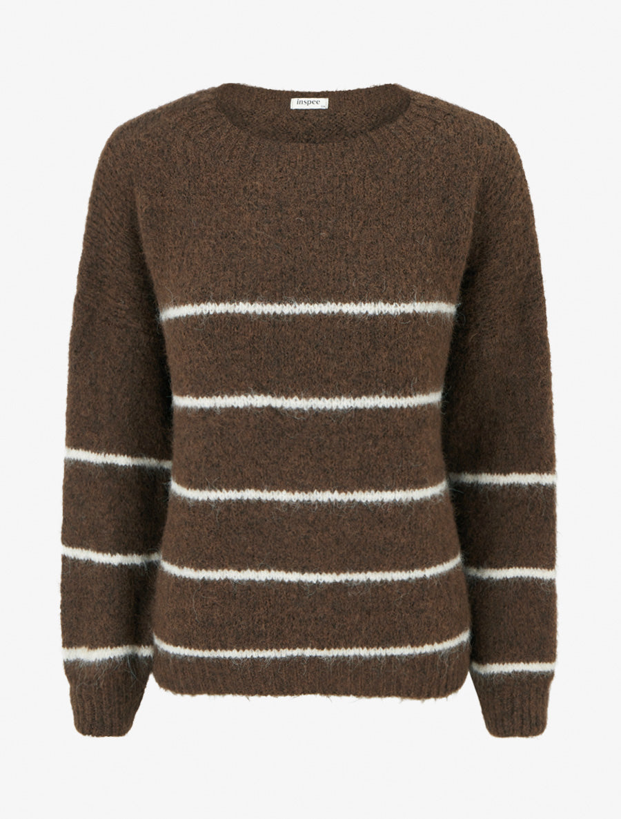 Pull en laine mélangée à col rond et rayures - Marron - 1