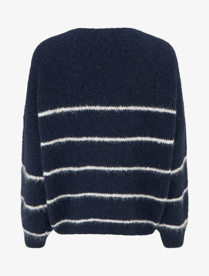 Pull en laine mélangée à col rond et rayures - Marine - 2