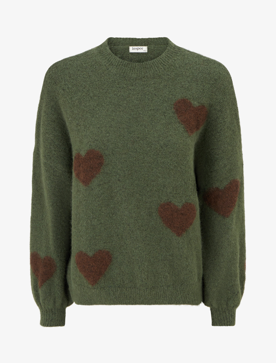 Pull en laine mélangée à motif coeur - Kaki - 1
