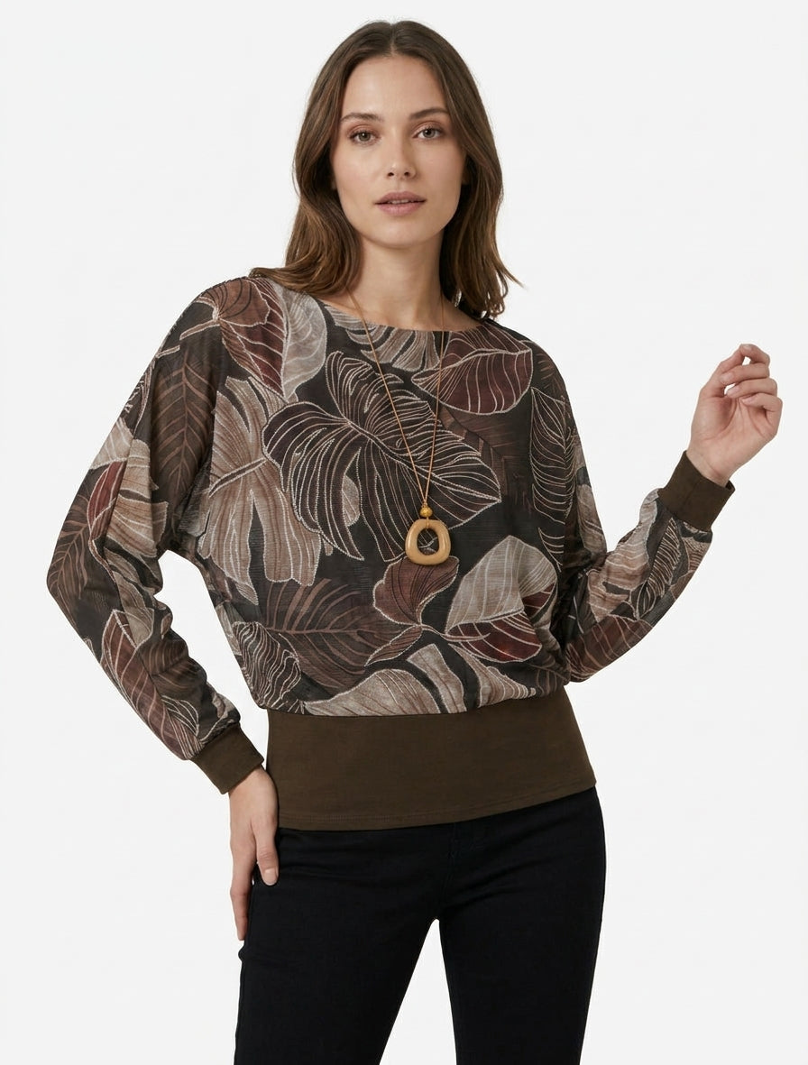 Top iridescente stampato tropicale con maniche a pipistrello - Marrone
