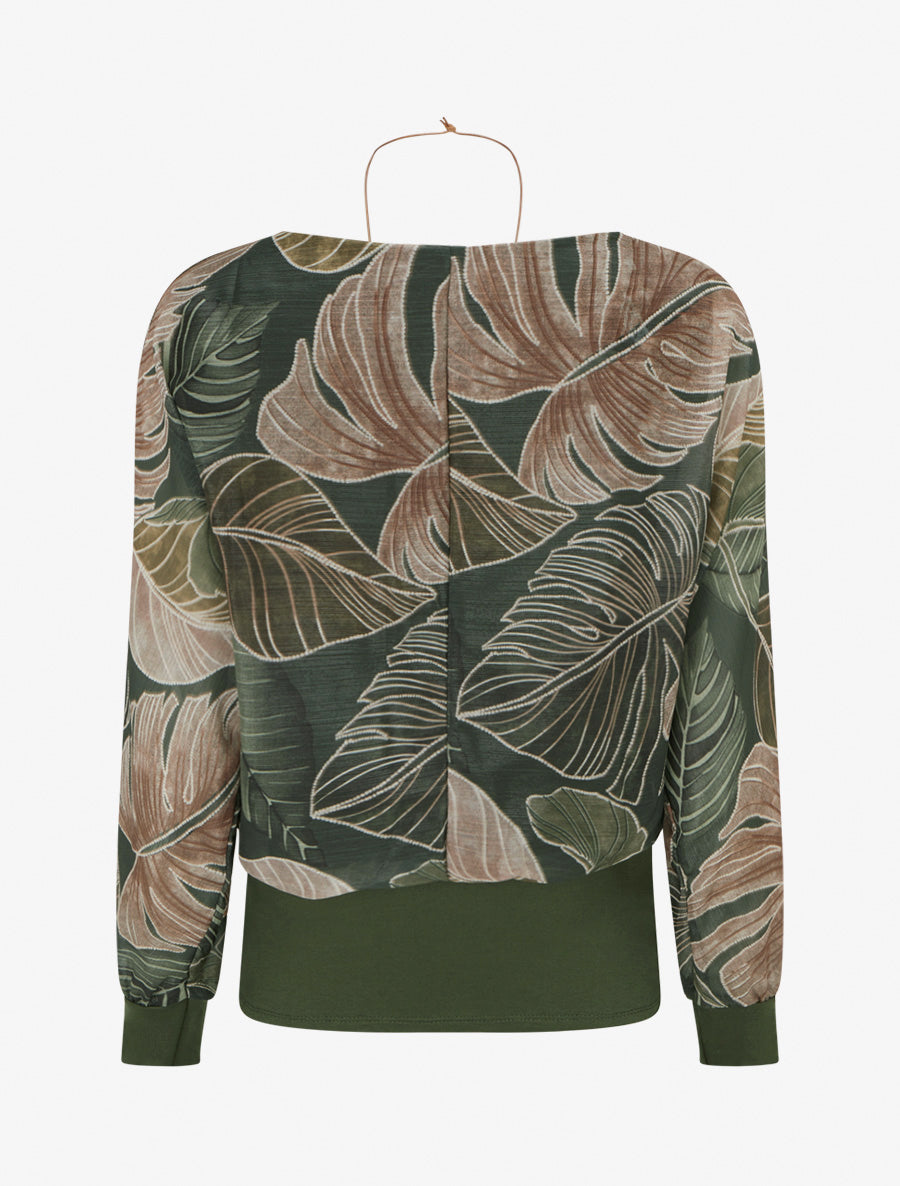Top irisé imprimé tropical à manches chauve-souris - Kaki - 2