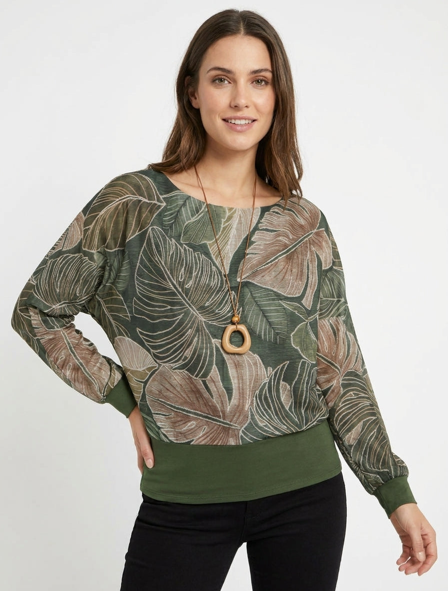 Top iridescente stampato tropicale con maniche a pipistrello - Cachi