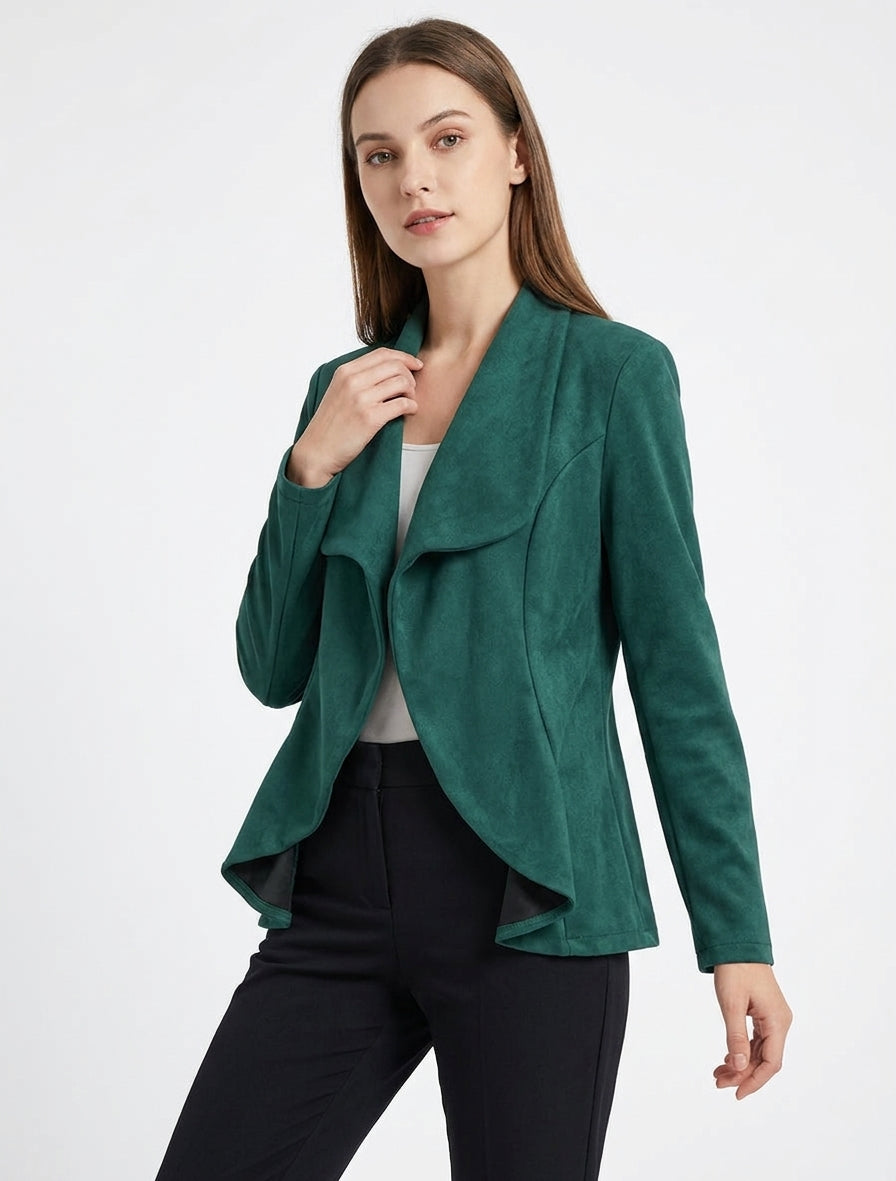 Giacca in camoscio dritta con collo a scialle. - Verde scuro