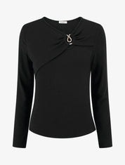 Pull fin et droit col rond froncé avec bijou - Noir - 1