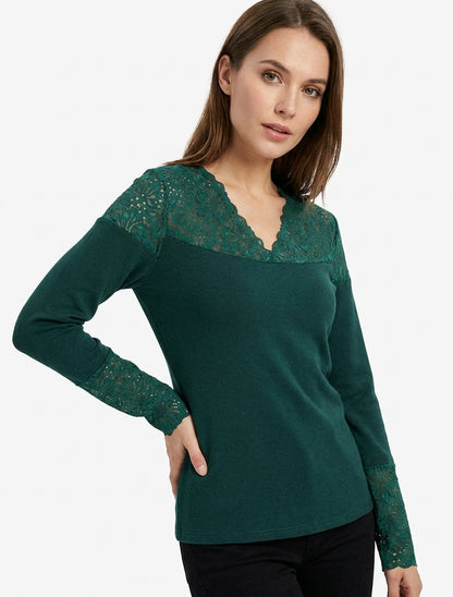 Maglione leggero con scollo a V e polsini in pizzo. - Verde scuro