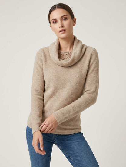 Maglione soffice con collo a cascata e inserto in pizzo - Beige