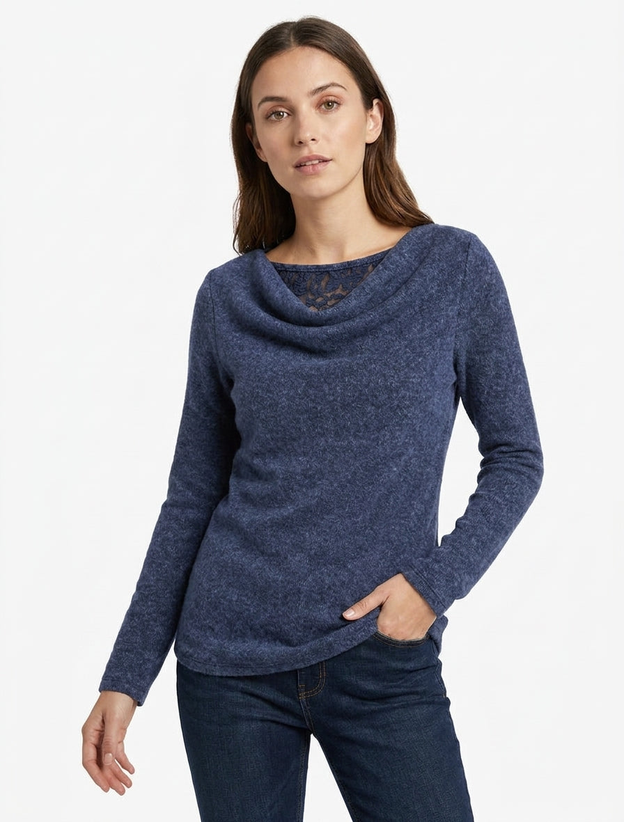Maglione soffice con collo a cascata e inserto in pizzo - Blu