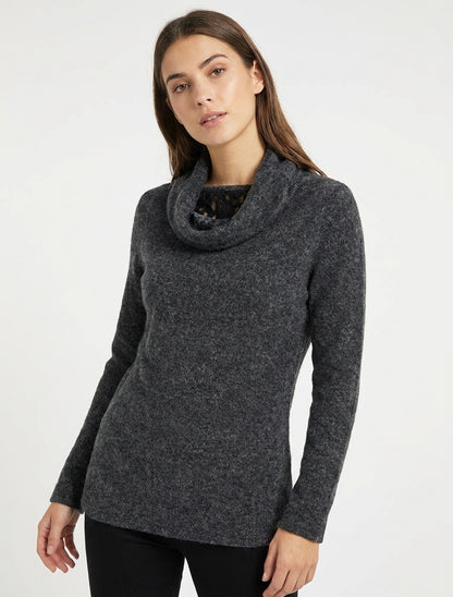 Maglione soffice con collo a cascata e inserto in pizzo - Grigio scuro
