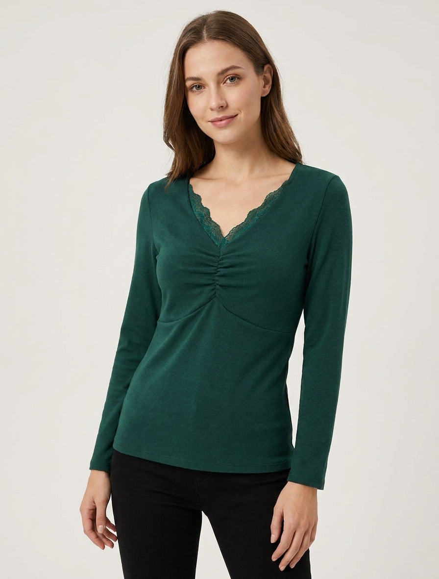 Maglione sottile con scollo a V in pizzo - Verde scuro