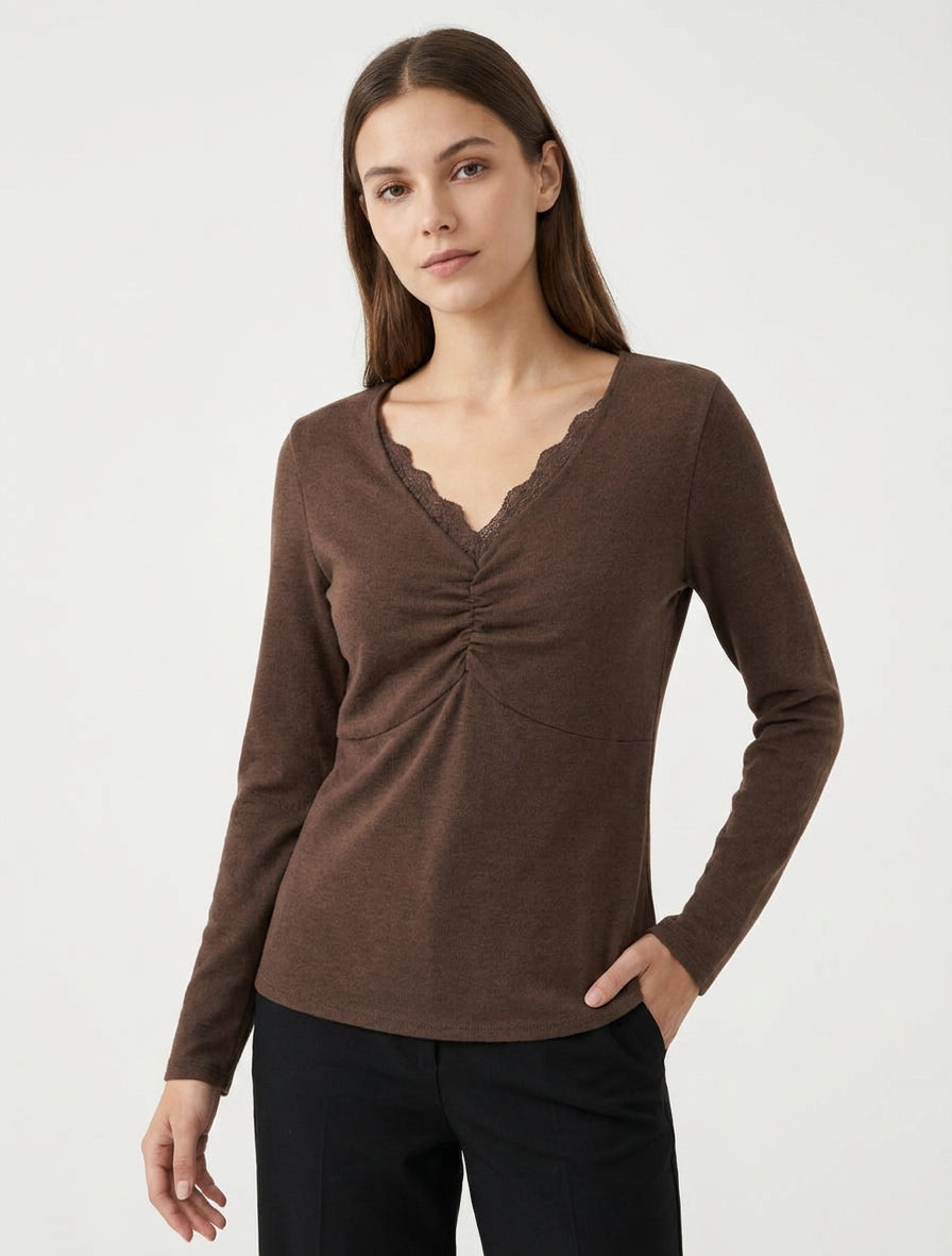 Maglione sottile con scollo a V in pizzo - Marrone