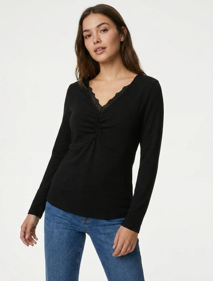 Maglione sottile con scollo a V in pizzo - Nero