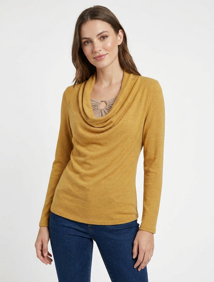 Maglia dritta effetto doppio con collo a cascata e gioiello - Moutarde/beige