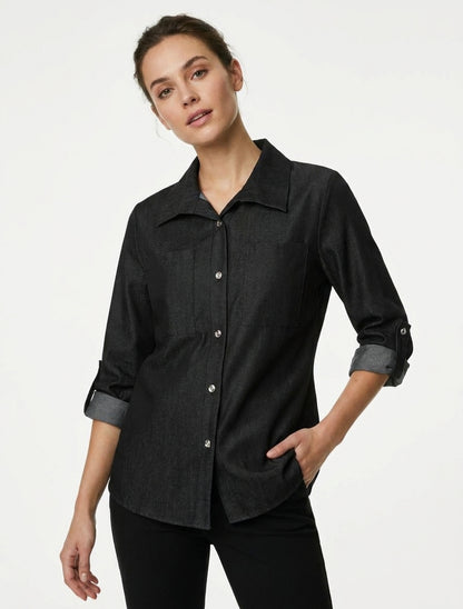 Camicia dritta basica con tasche applicate - Nero