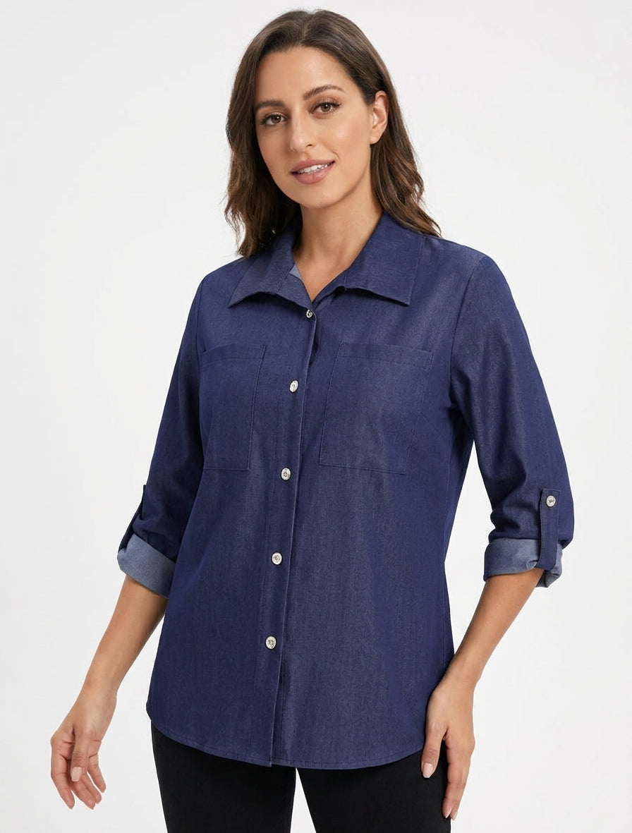 Camicia dritta basica con tasche applicate - Blu denim