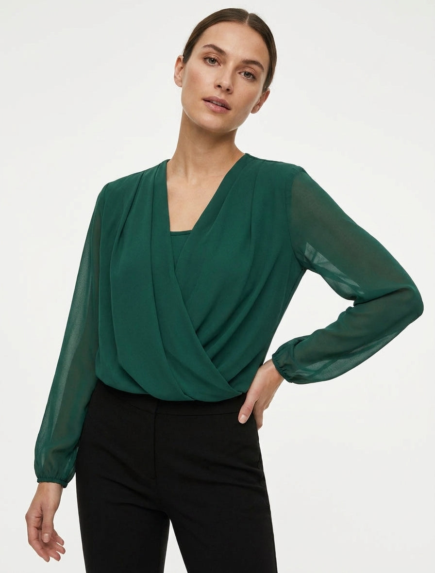 Top a palloncino in voile con scollo a portafoglio - Verde scuro