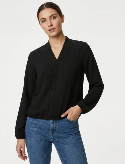 Top a maniche lunghe con scollo a V - Nero