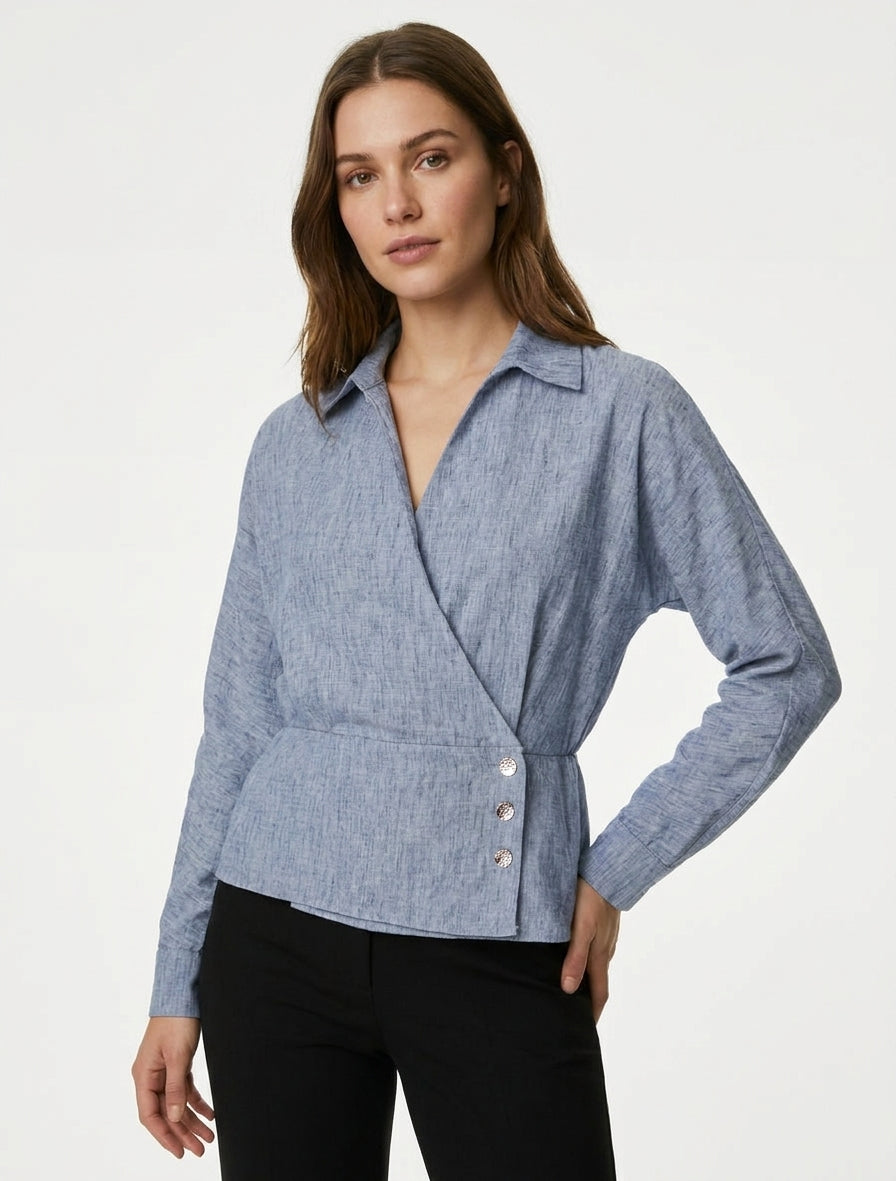 Blusa elasticizzata con collo a portafoglio - Blu mélange