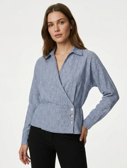 Blusa elasticizzata con collo a portafoglio - Blu mélange