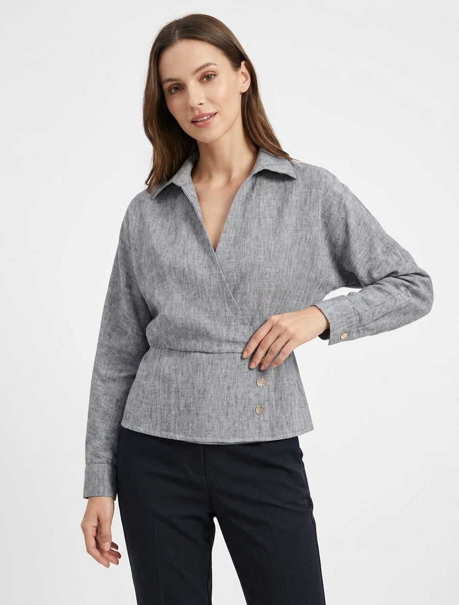 Blusa elasticizzata con collo a portafoglio - Nero mélange