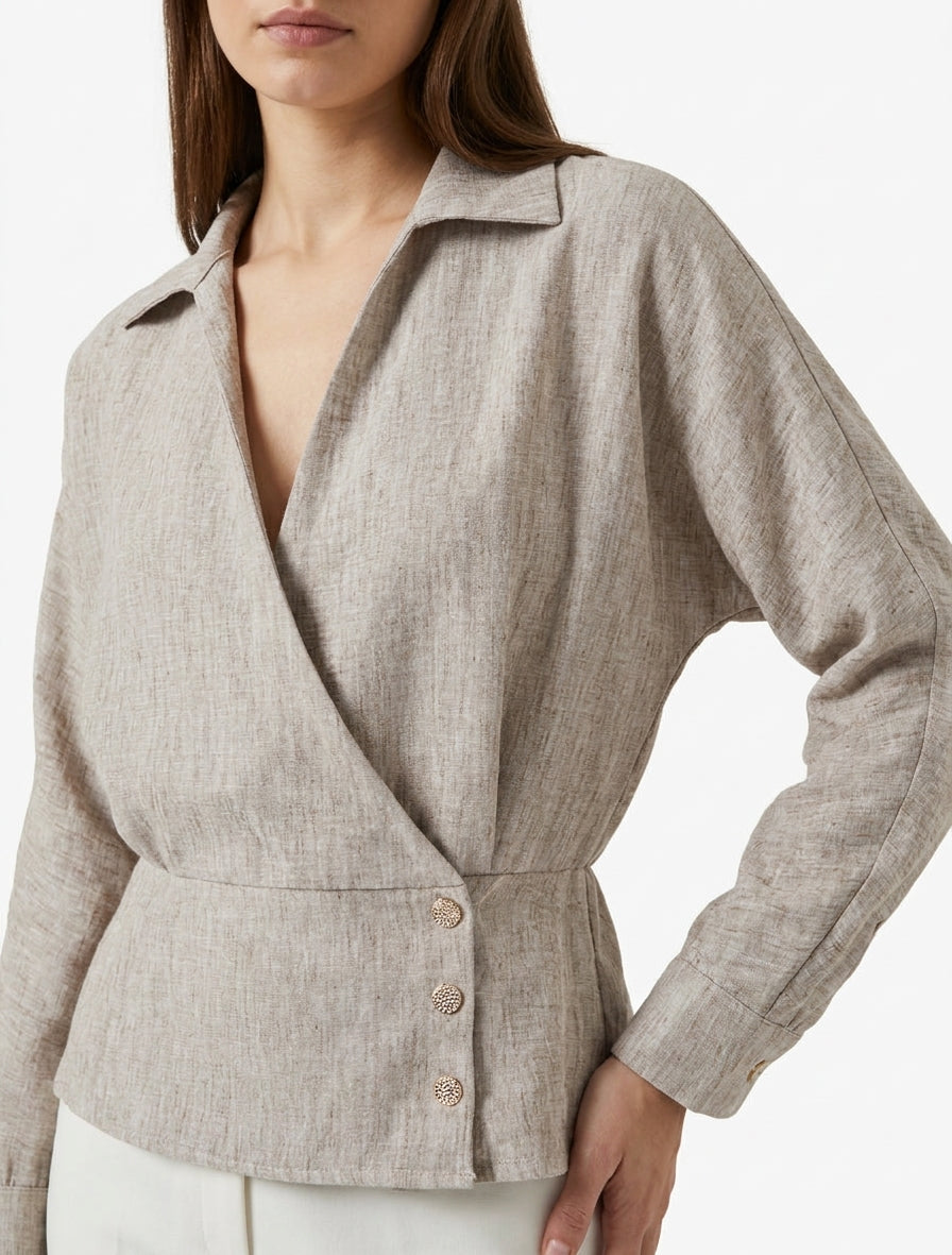 Blusa elasticizzata con collo a portafoglio - Talpa screziata