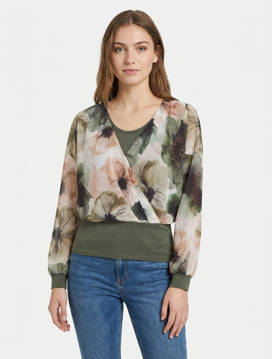 Top in voile stampato con grandi fiori e scollo a portafoglio - Cachi