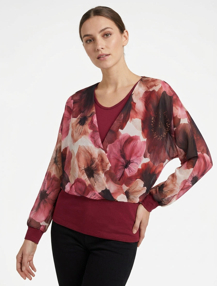 Top in voile stampato con grandi fiori e scollo a portafoglio - Feccia di vino