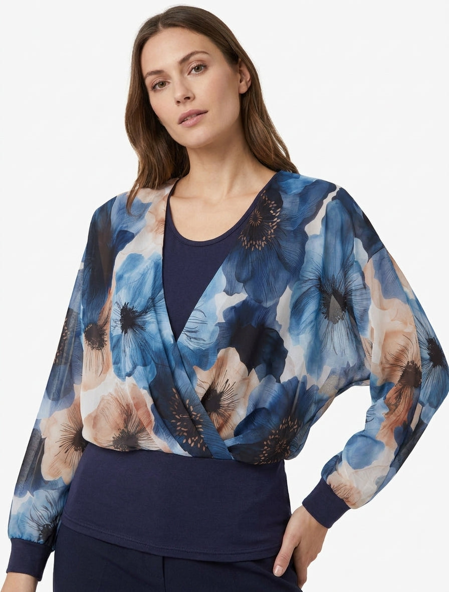 Top in voile stampato con grandi fiori e collo a portafoglio - Marina
