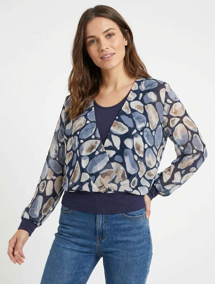 Top in voile stampato con ciottoli e collo a portafoglio - Marina