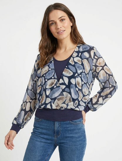 Top in voile stampato con ciottoli e collo a portafoglio - Marina