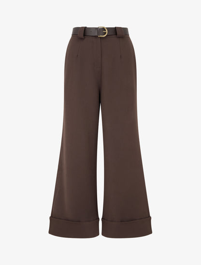 Pantalon taille haute à revers - Marron - 1